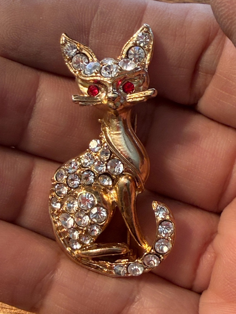 Cottagecore Kitsch Gold Tone Embellished Sitting Cat